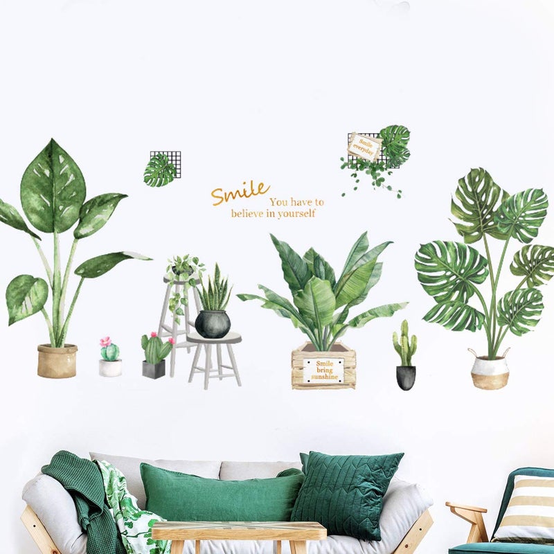 iinuu Green Plants Potted Plants Wall Stickers for Living Room,Tropical Plants Green Leaves Bedroom Offices Wall Decals Art Murals Home Decoration - Image 1